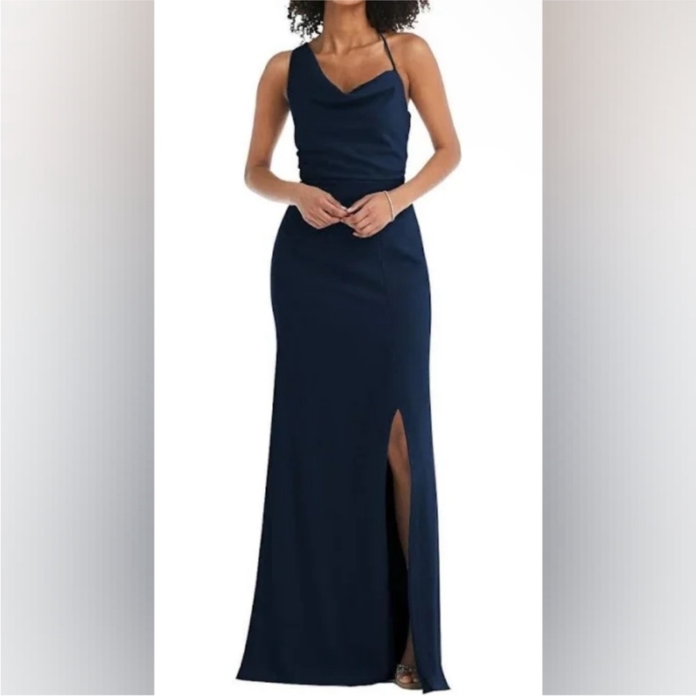 After Six Midnight Dress Navy Blue One Shoulder Draped Maxi Dress. New/no tags